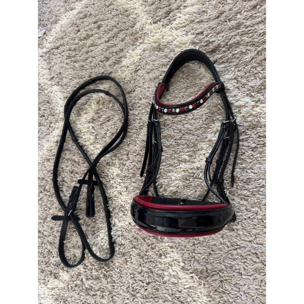 Halter Ego Custom Snaffle Bridle Reins Black Red Patent Leather Crystal